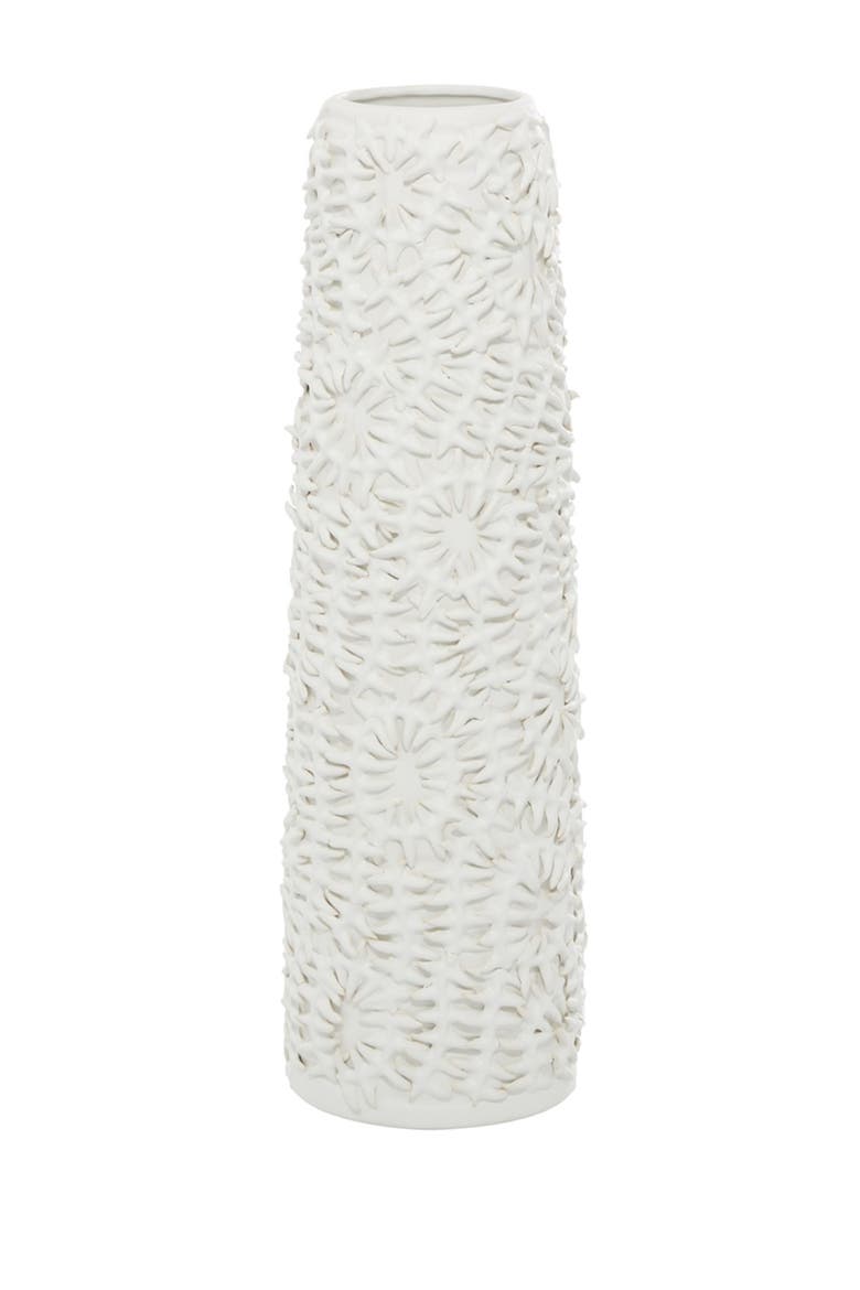 White Ceramic Embossed Floral Vase, Main, color, WHITE