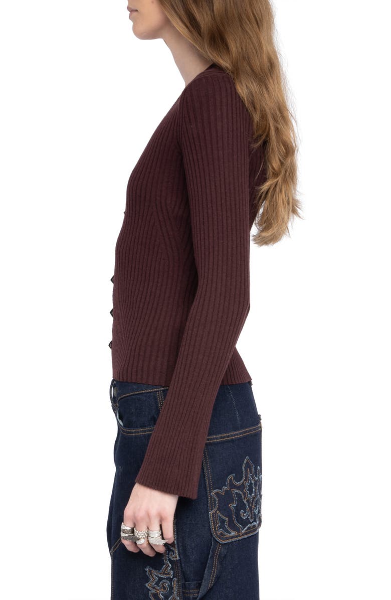 Zadig & Voltaire Lyana Crystal Button Wool Blend Cardigan, Alternate, color, Burgundy