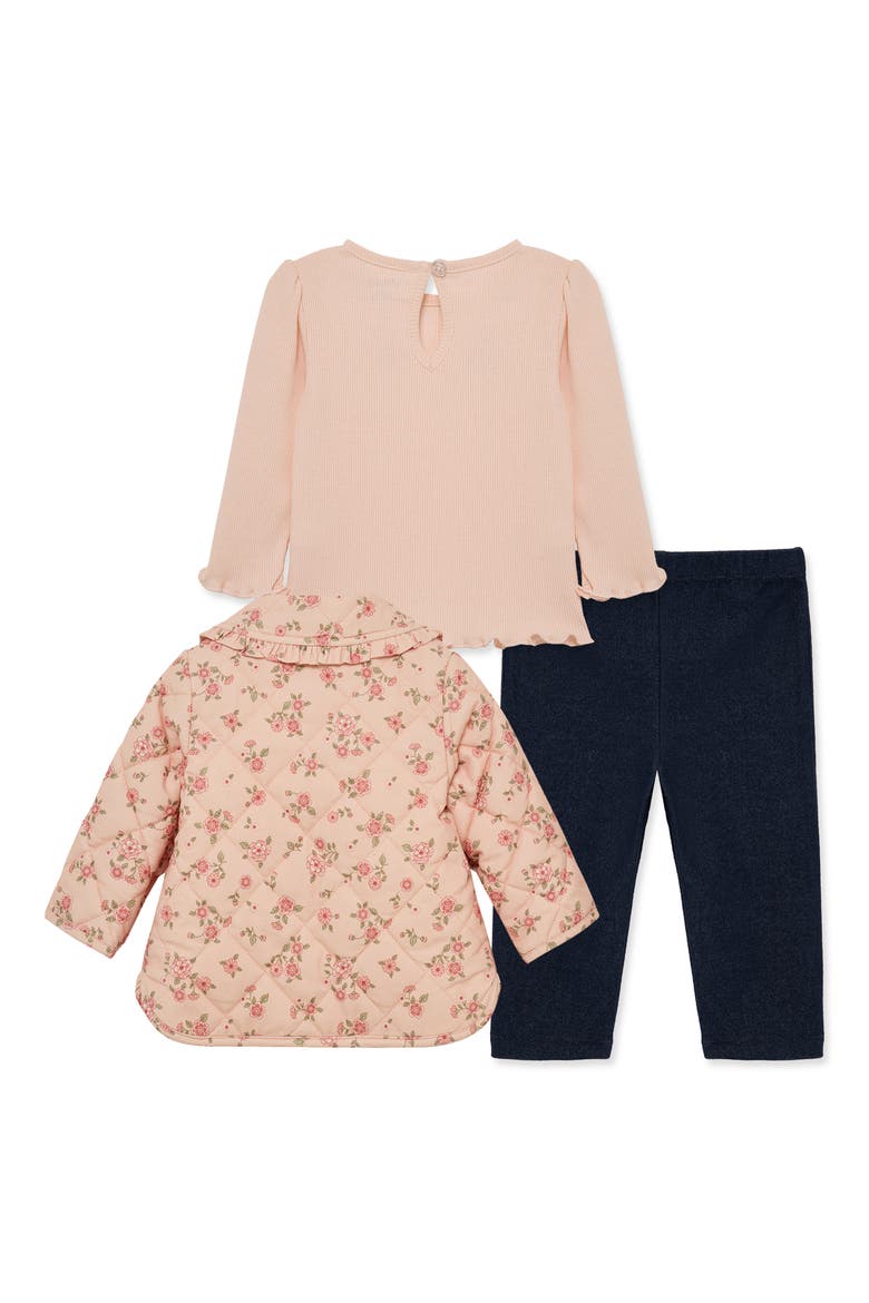 Set of 3 Pink Blossoms Rib Top, Knit Pants & Floral Quilted Jacket, Alternate, color, PINK