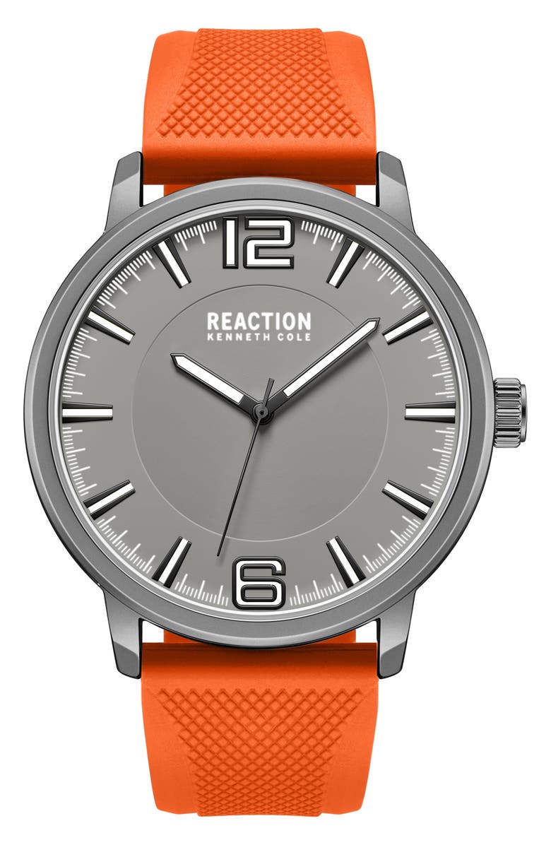 Kenneth Cole Reaction Classic Black Silicone Strap Watch, 44mm, Main, color, Grey/ Orange