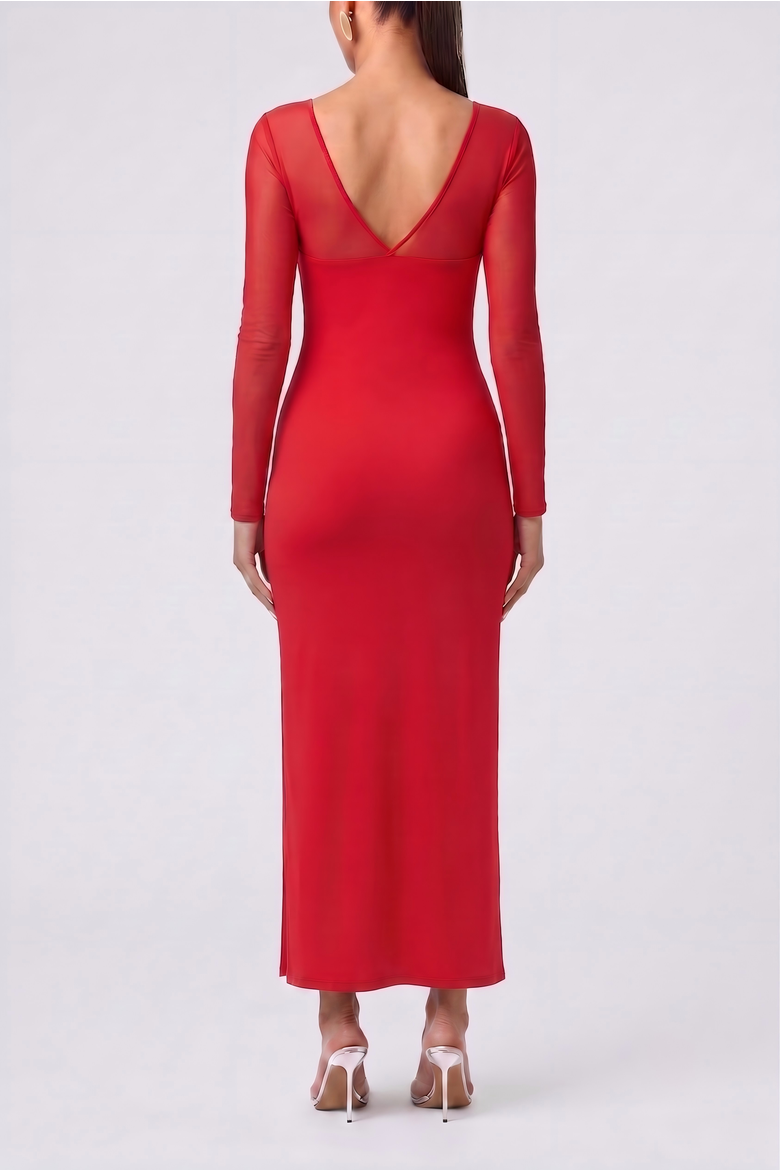 Shapewear Mesh Long Sleeve V-Back Slimming Maxi Dress, Alternate, color, Bright red