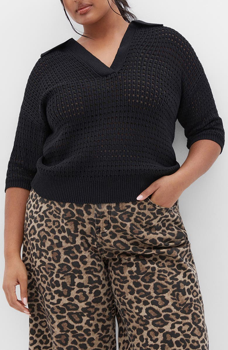 City Chic Zahra Open Stitch Johnny Collar Sweater, Main, color, 