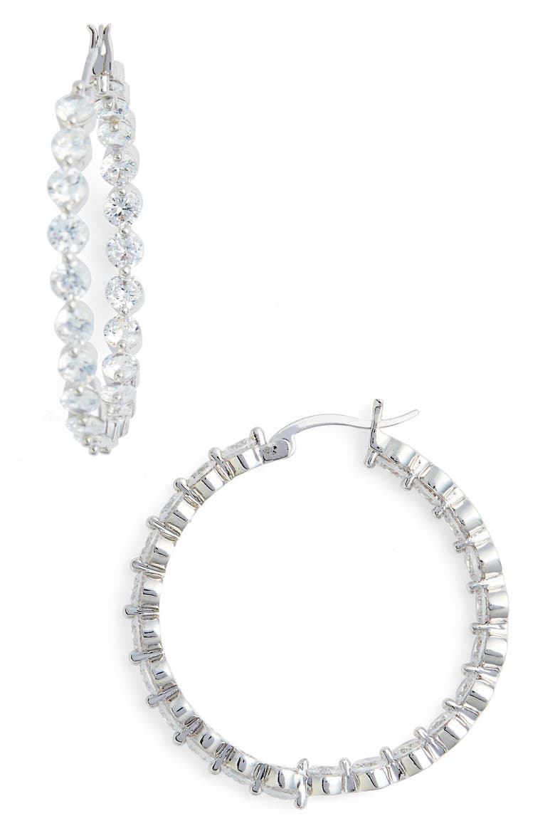 Large Cubic Zirconia Hoop Earrings., Main, color, SILVER/ WHITE CZ