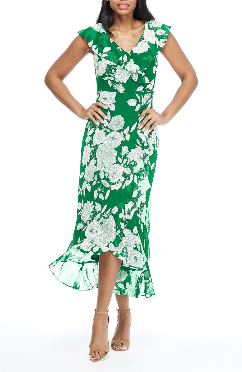 London Times Ruffle Trim High/Low Maxi Dress, Main, color,