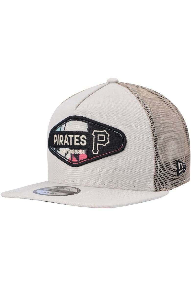 Men's New Era Natural Pittsburgh Pirates Retro Beachin' Patch A-Frame Trucker 9FIFTY Snapback Hat, Main, color, Natural