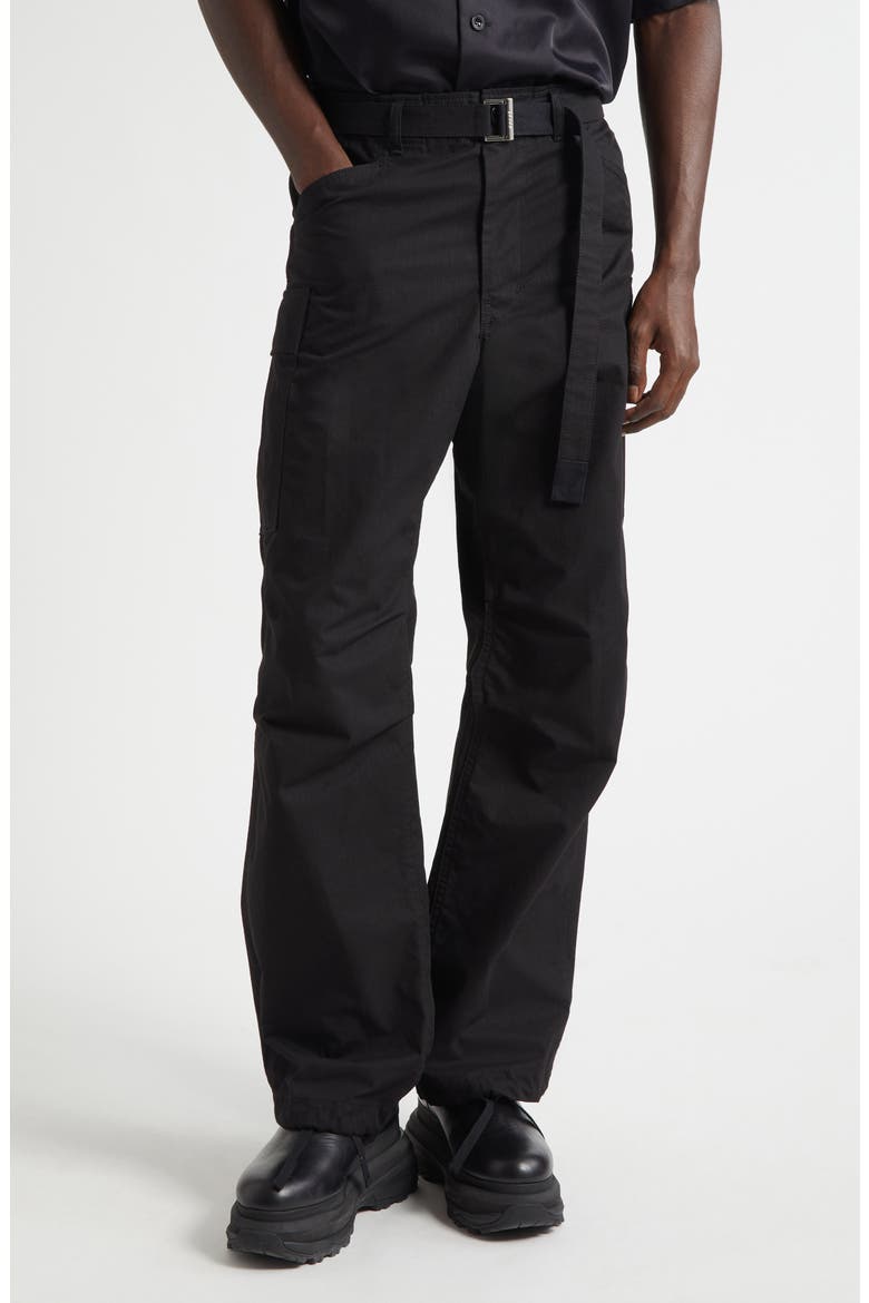 Belted Cotton & Nylon Ripstop Cargo Pants, Main, color, BLACK