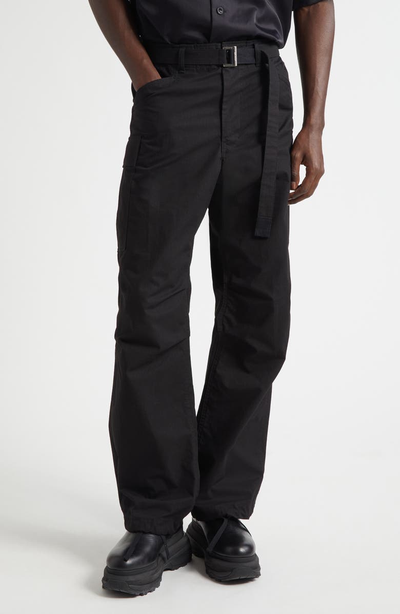 Sacai Belted Cotton & Nylon Ripstop Cargo Pants, Main, color, Black