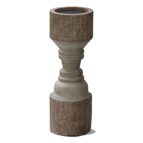 Rustic Turned Pillar Candle Holder Antique Bronze Wood Stand