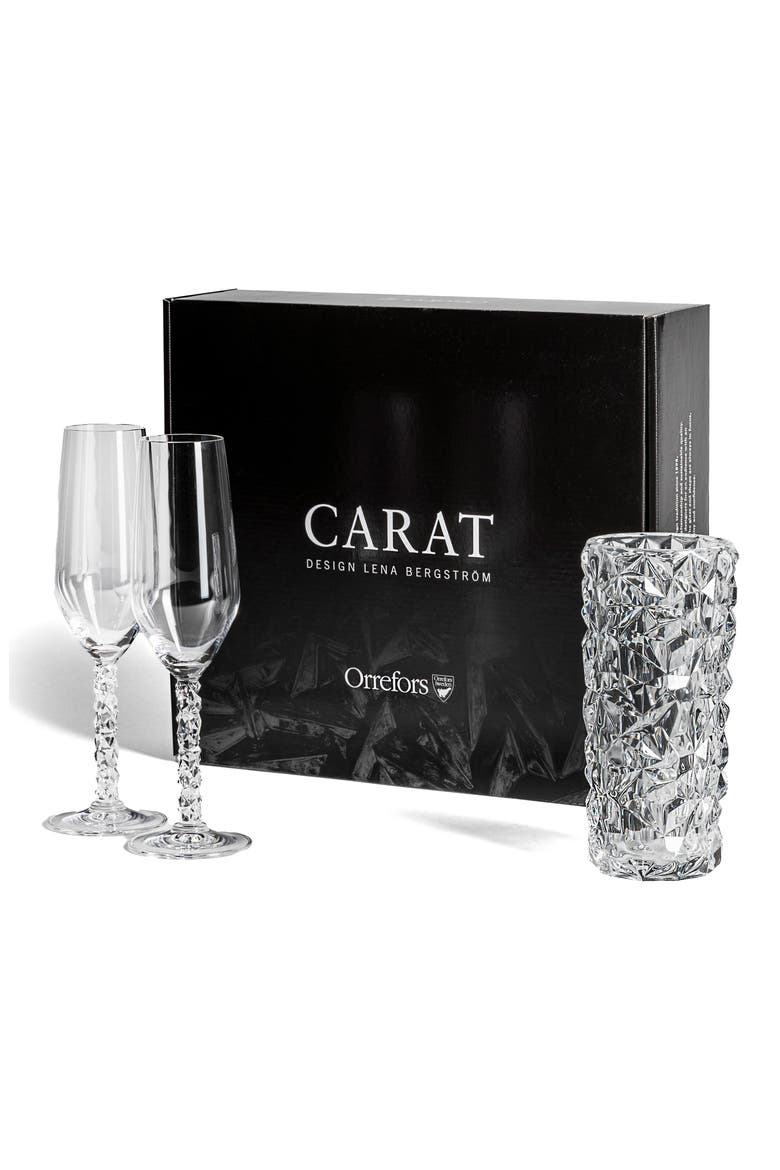 Carat Champagne Glasses & Vase 3-Piece Crystal Gift Set, Main, color, CLEAR