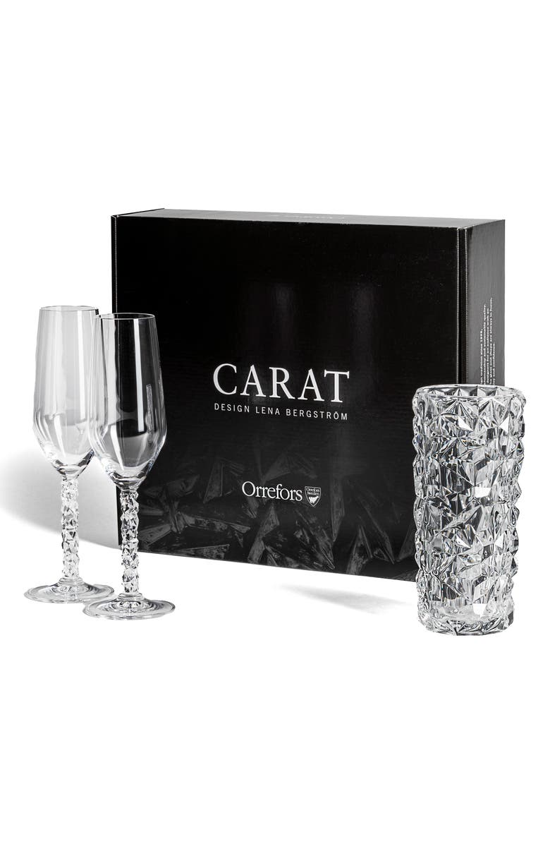 Orrefors Carat Champagne Glasses & Vase 3-Piece Crystal Gift Set, Main, color, Clear