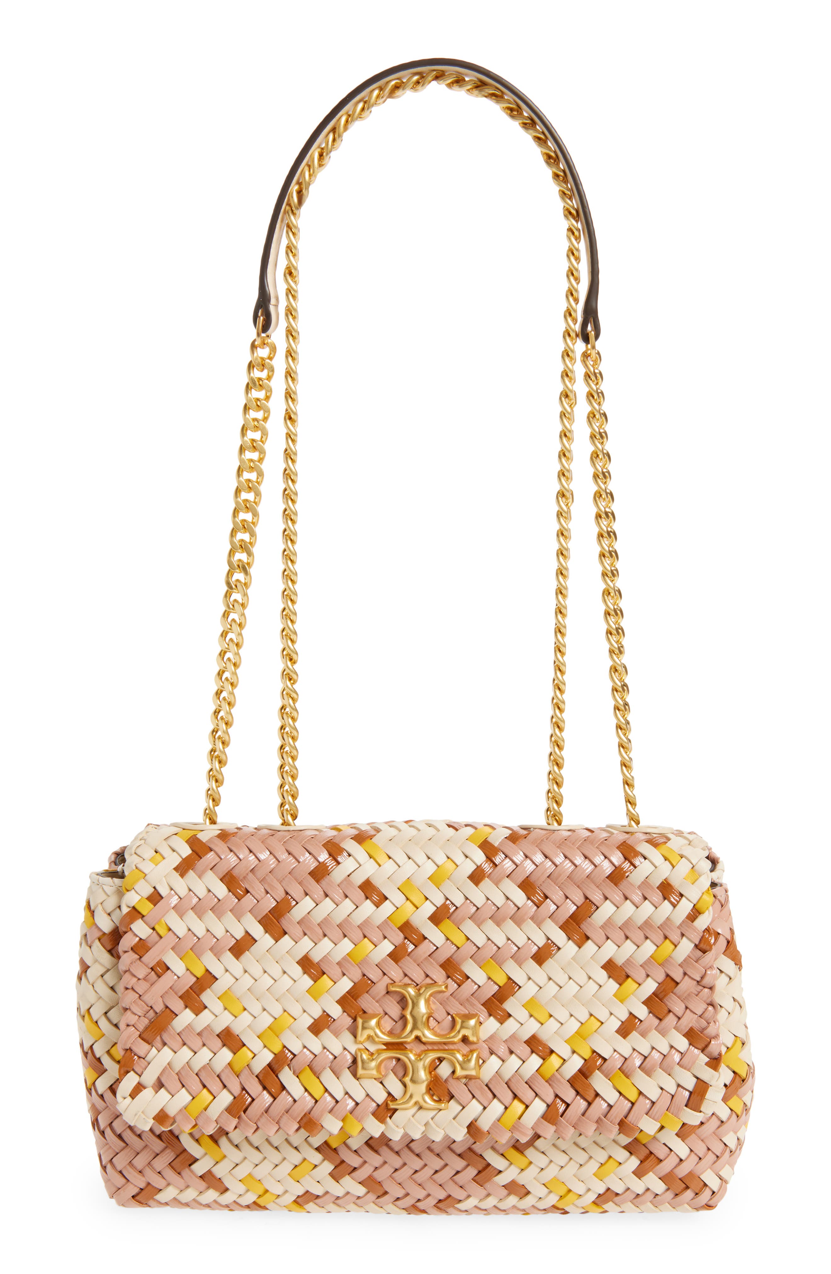 Tory Burch Small Kira Woven Leather Crossbody Bag, Main, color, Pink Moon/ Cream/ Goldfinch