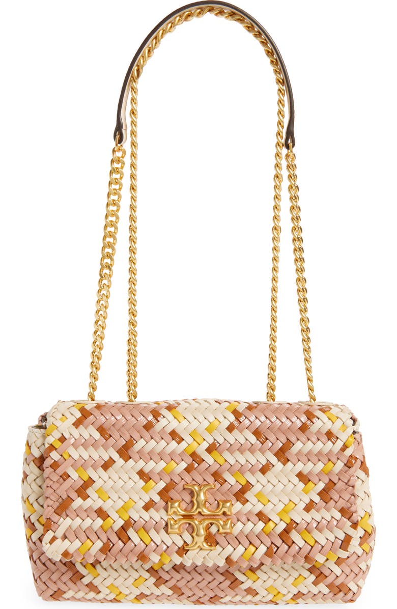 Tory Burch Small Kira Woven Leather Crossbody Bag, Main, color, Pink Moon/ Cream/ Goldfinch