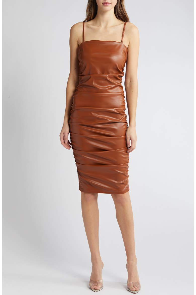Ruched Faux Leather Dress, Main, color, BROWN