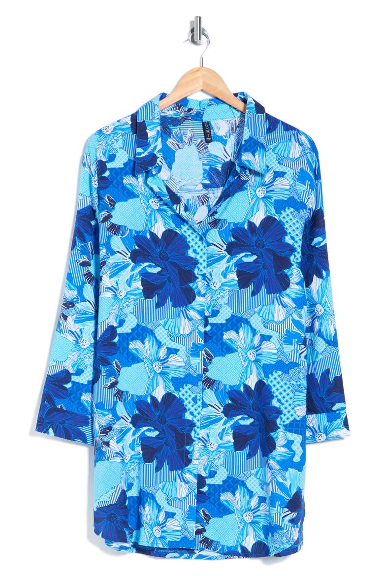 Floral Print Button-Up Cover-Up Shirt, Alternate, color, BLUE PATCH