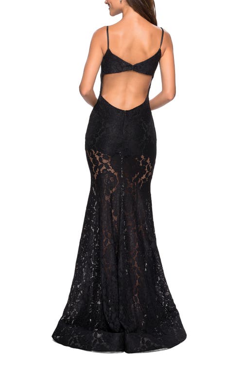 La Femme Long Form Fitting Lace Prom Dress With Attached Shorts In Black
