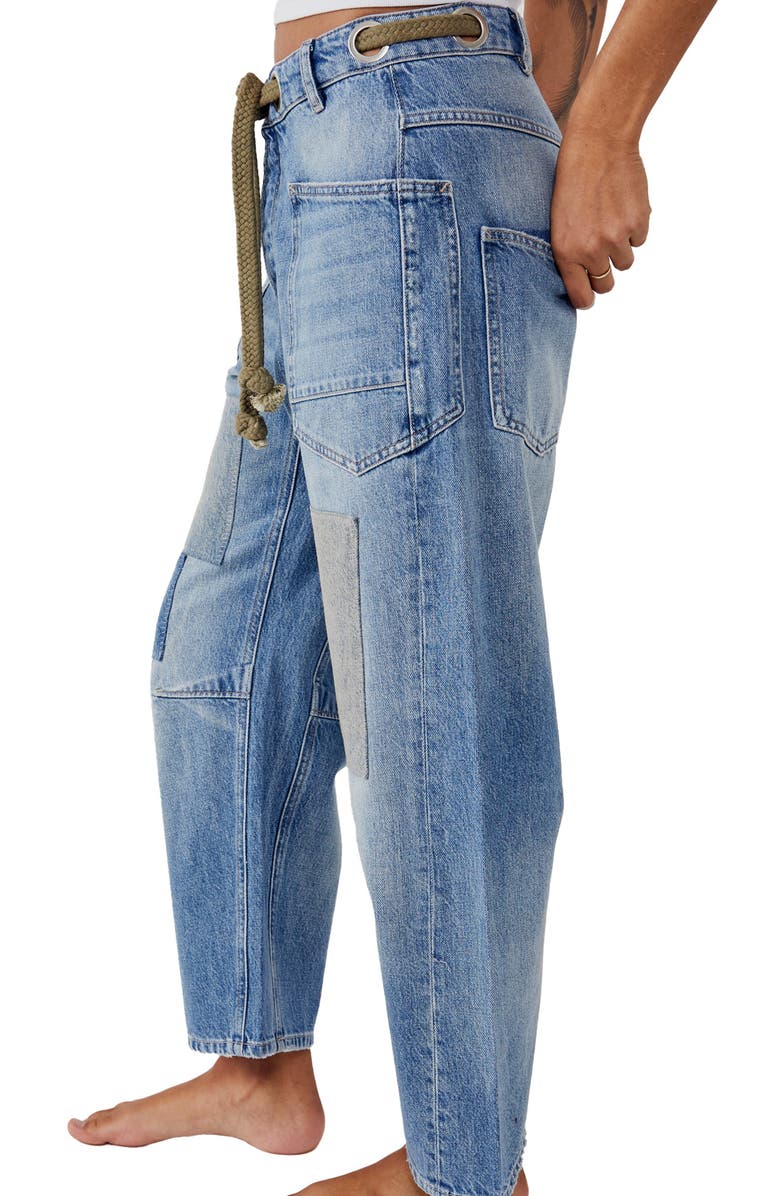 Free People Moxie Low Slung Tie Waist Nonstretch Jeans, Alternate, color, Truest Blue