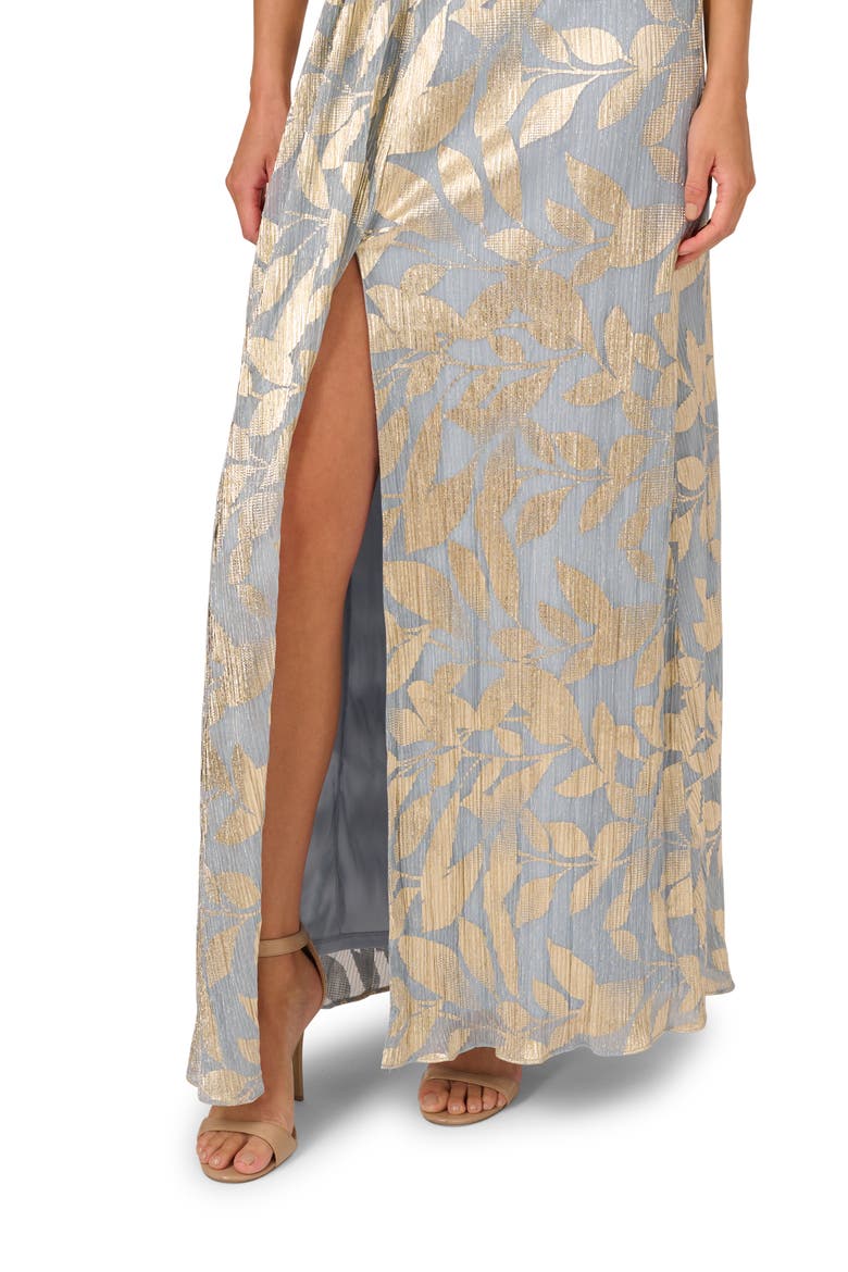 Metallic Leaf Jacquard Draped Gown, Alternate, color, LIGHT BLUE/ GOLD