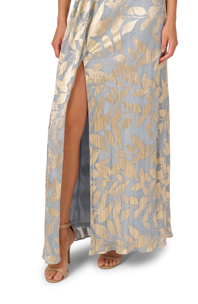 Adrianna Papell Metallic Leaf Jacquard Draped Gown, Alternate, color, Light Blue/ Gold