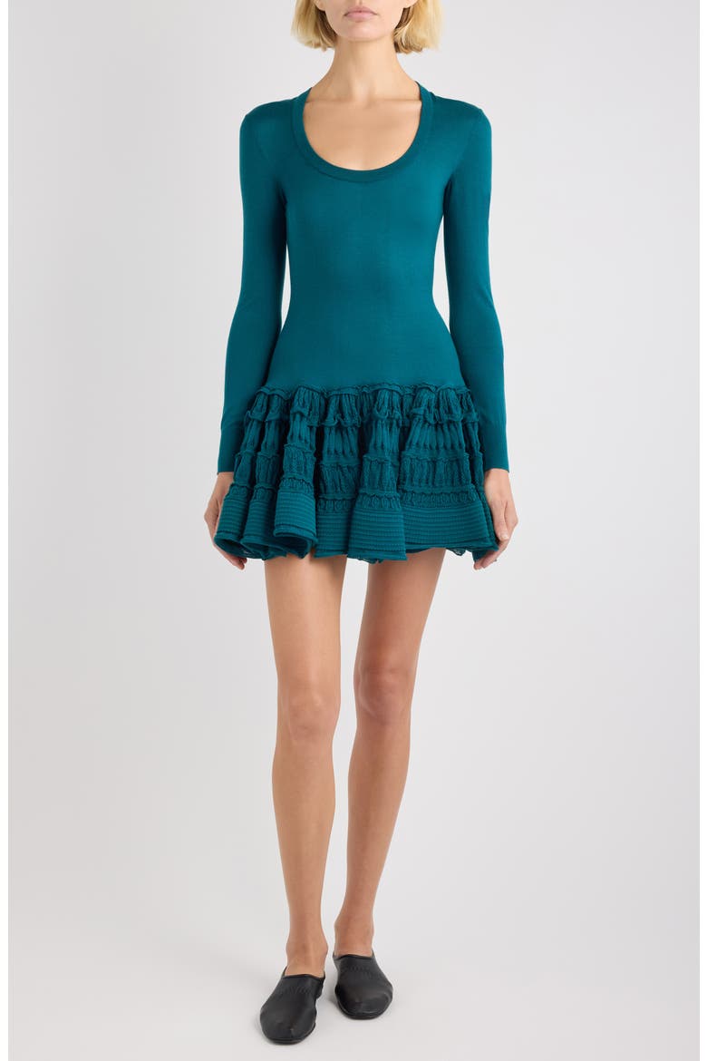 Long Sleeve Ruffle Drop Waist Wool Blend Minidress, Main, color, VERT PETROLE
