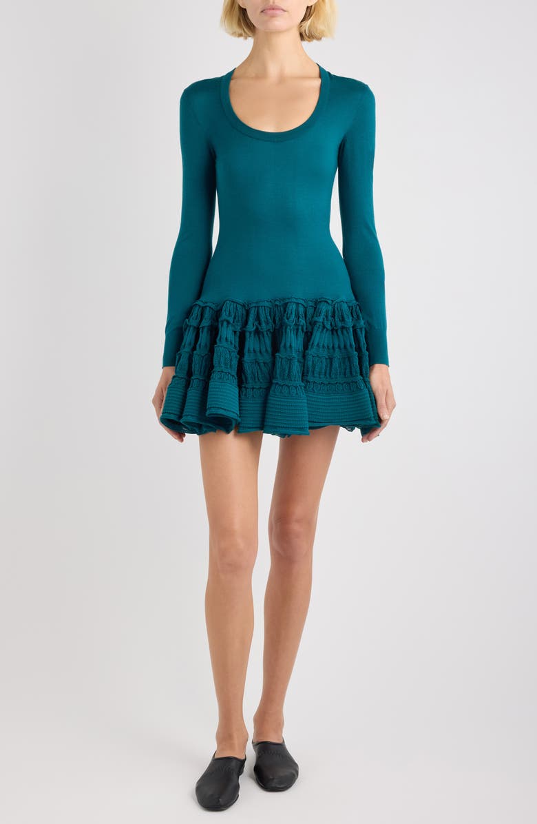 Alaïa Long Sleeve Ruffle Drop Waist Wool Blend Minidress, Main, color, Vert Petrole