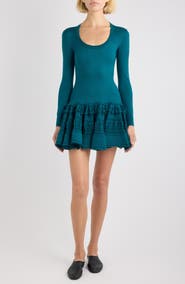 Alaïa Long Sleeve Ruffle Drop Waist Wool Blend Minidress