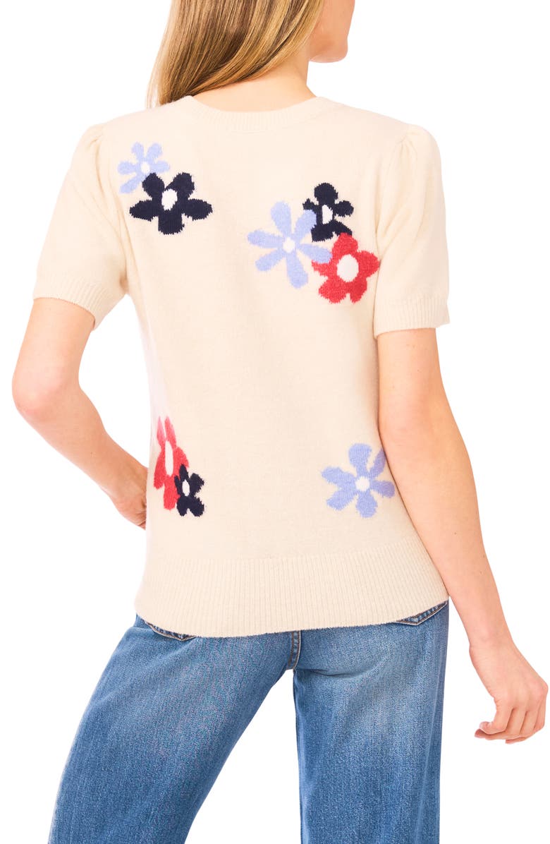 CeCe Groovy Flower Short Sleeve Sweater, Alternate, color, Birch