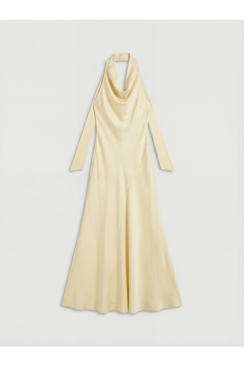 Cowl Halterneck Satin Bridesmaid Dress, Alternate, color, Lemon