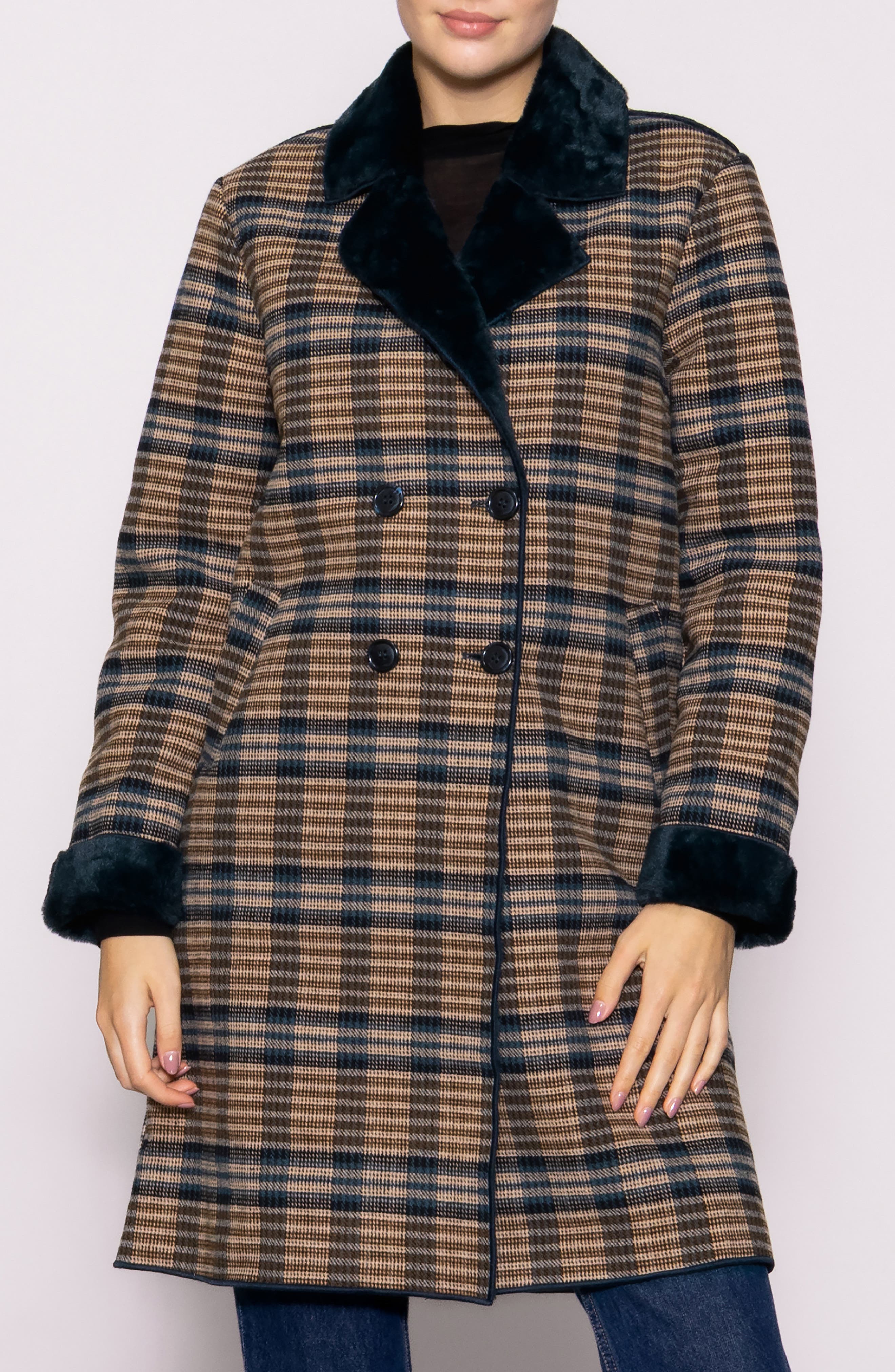 MELLODAY Plaid Faux Fur Topper Coat