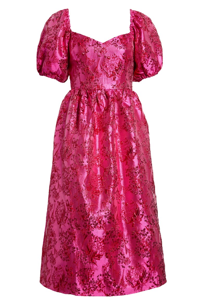 Metallic Floral Jacquard Puff Sleeve Dress, Alternate, color, FUCHSIA