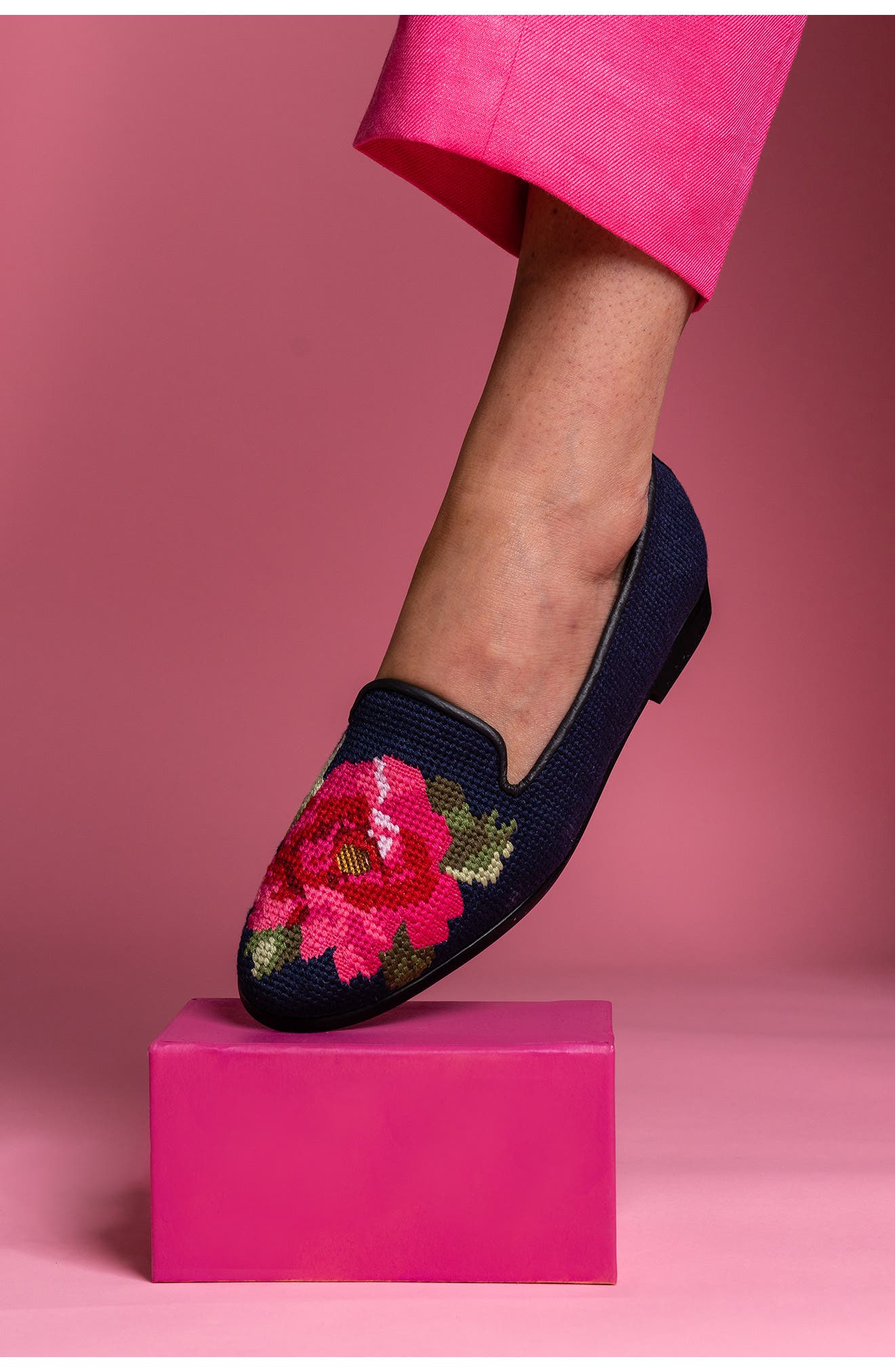 ByPaige Needlepoint Peony Flat, Alternate, color, Pink Peony On Navy Loafer