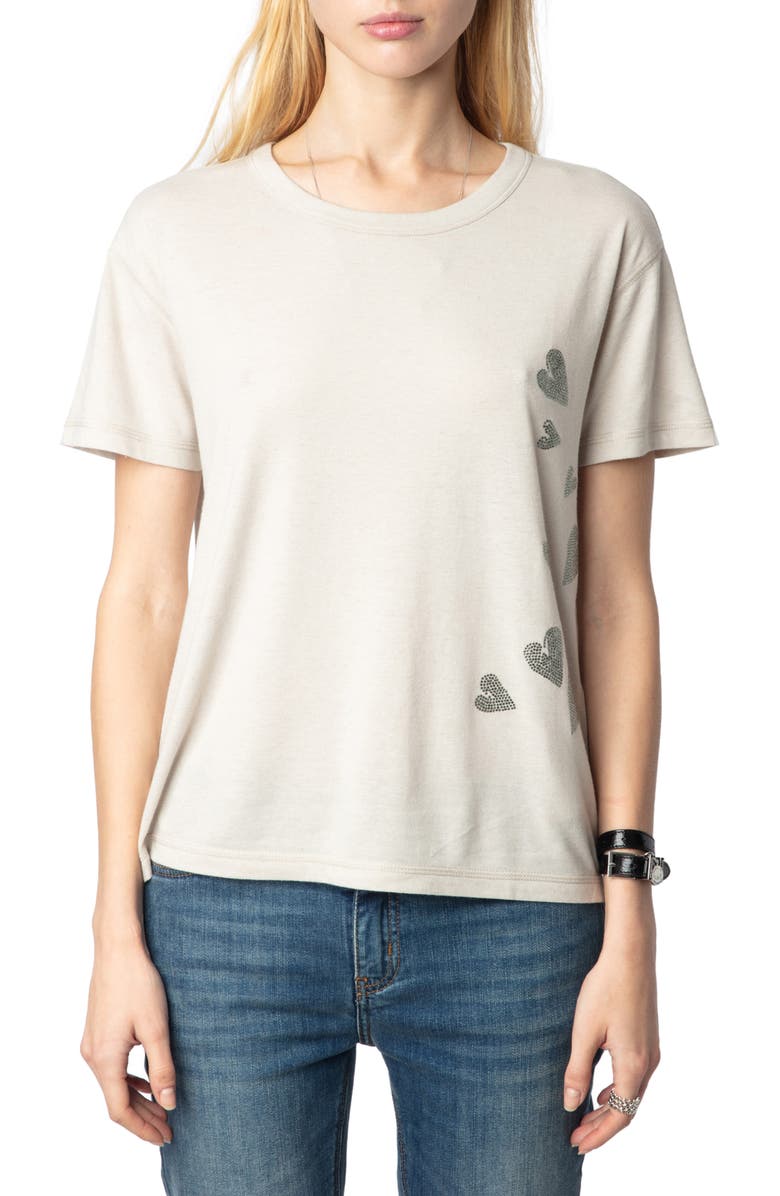Zadig & Voltaire Marta Rain Strass Heart Embellished T-Shirt, Main, color, 
