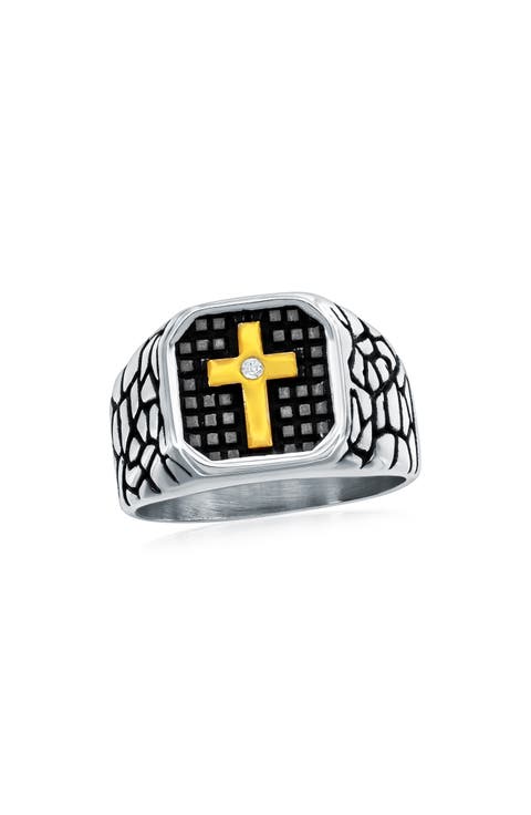 Men's Cubic Zirconia Pebble Textured Signet Ring
