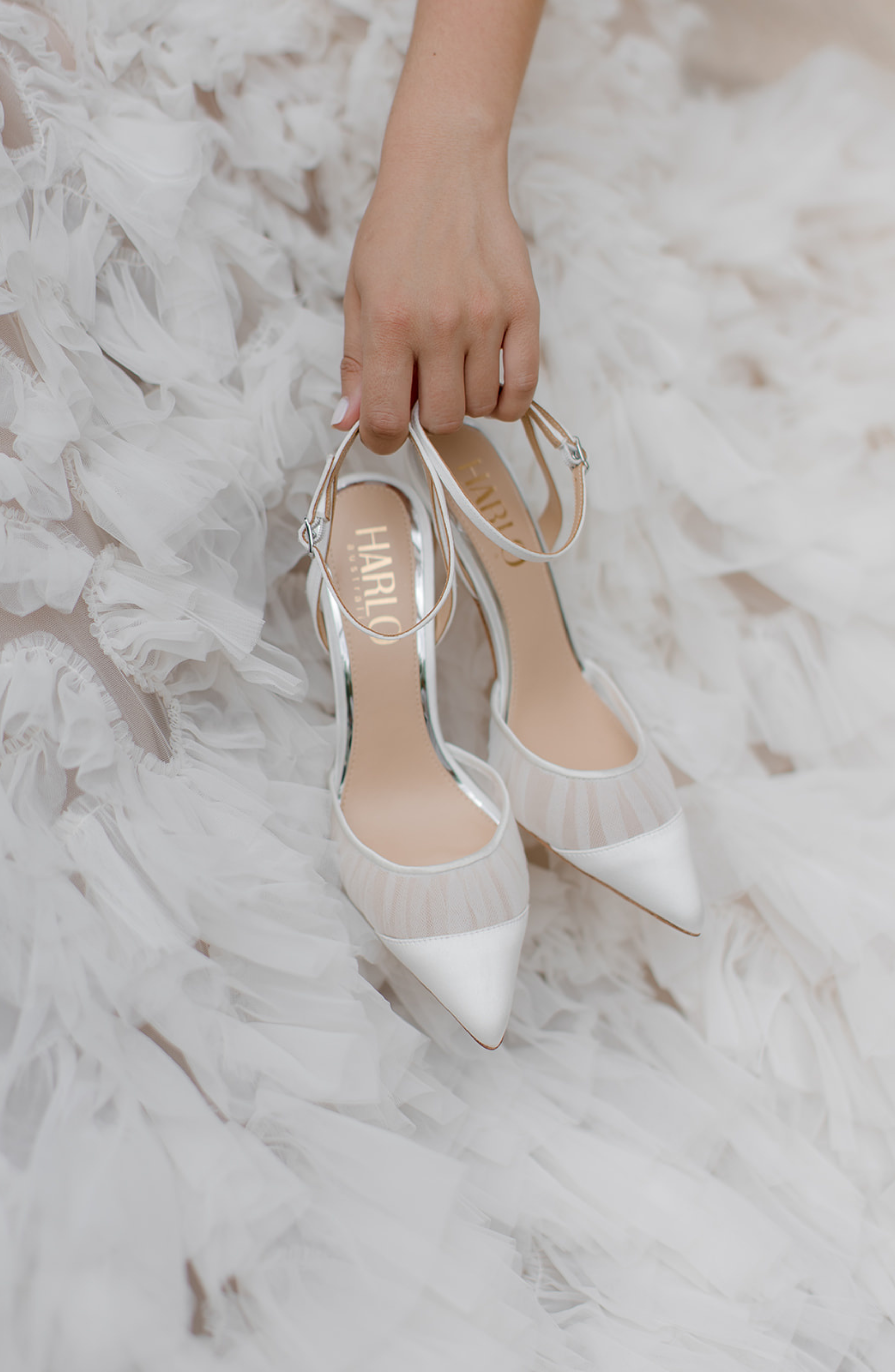 HARLO Australia Chantelle Tulle - Pleated Tulle Bridal Pointed Toe Stiletto, Alternate, color, Soft White Satin