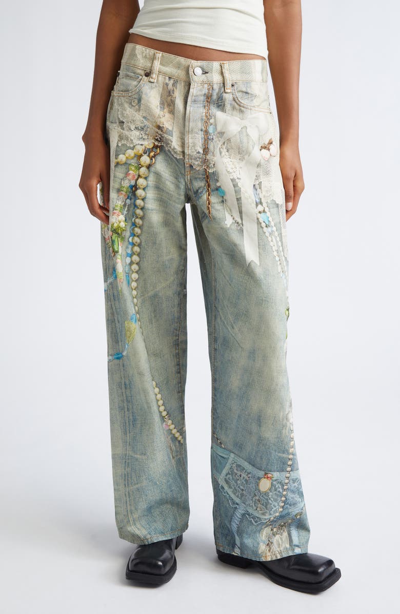 Acne Studios 1981 Loose Fit Trompe l'Oeil Jeans, Main, color, White/ Green