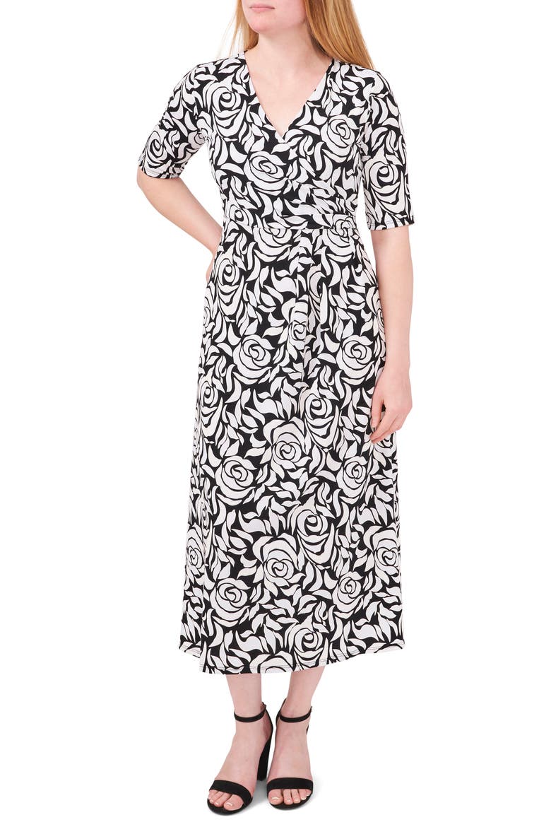 V-Neck Faux Wrap Dress, Main, color, BLACK/ ECRU