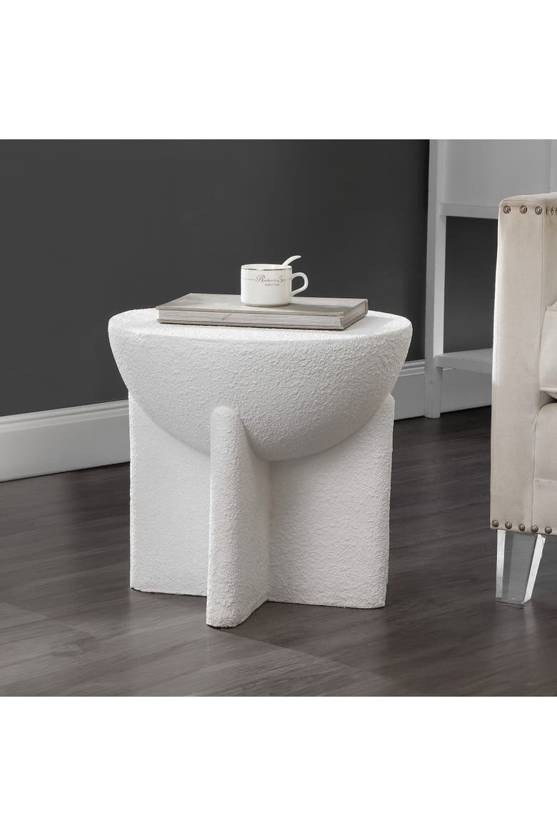 Brady Minimalist Geometric Polyresin Indoor/Outdoor Accent Table & Garden Stool, All-Weather Sculptural Side Table, Alternate, color, White Frosted
