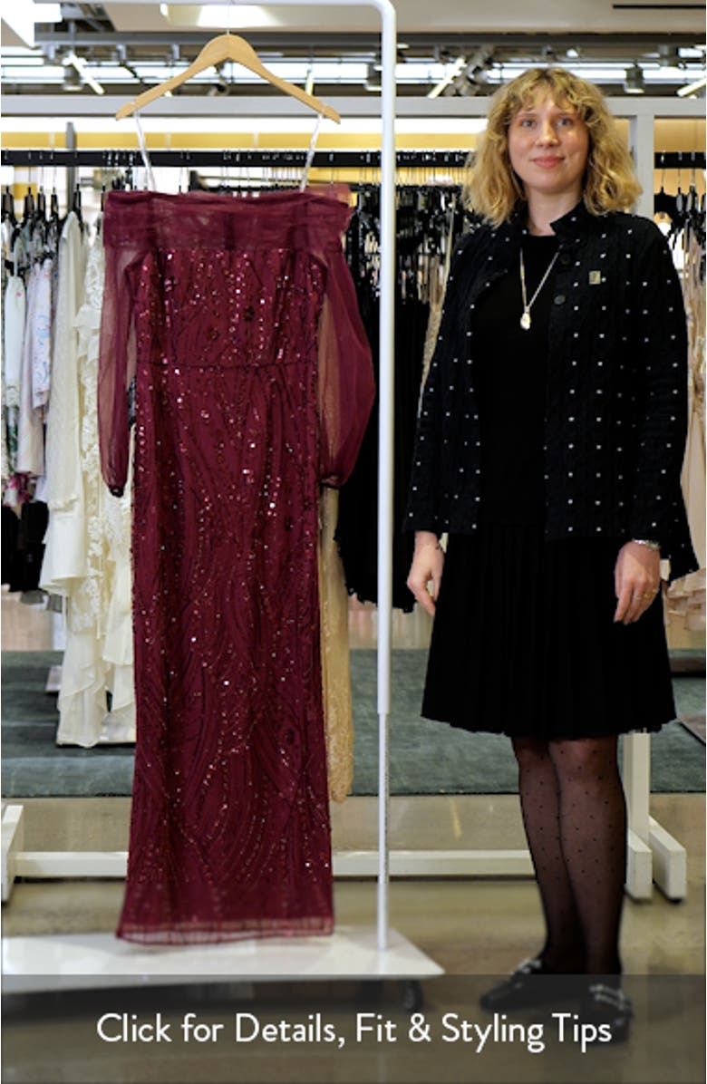 Savannah Embellished Off the Shoulder Long Sleeve Chiffon Column Gown, sales video thumbnail