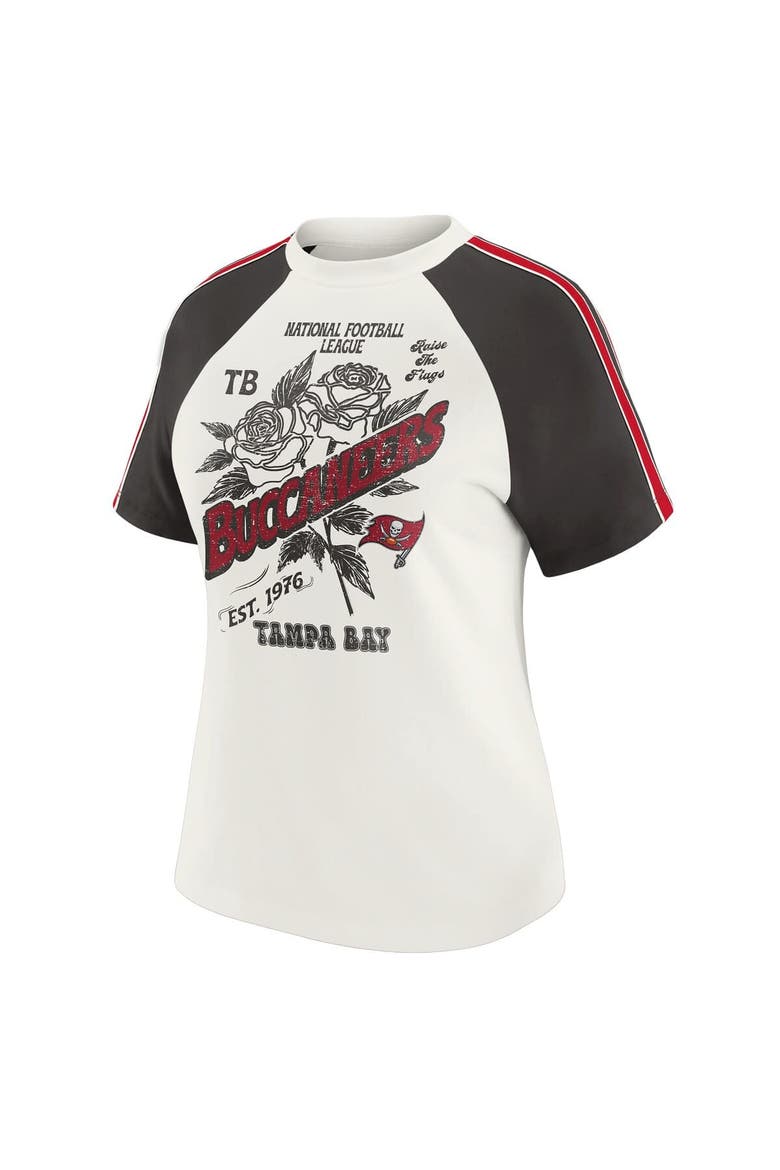 Women's WEAR by Erin Andrews White Tampa Bay Buccaneers Sleeve Stripe Distressed Raglan T-Shirt, Alternate, color, White