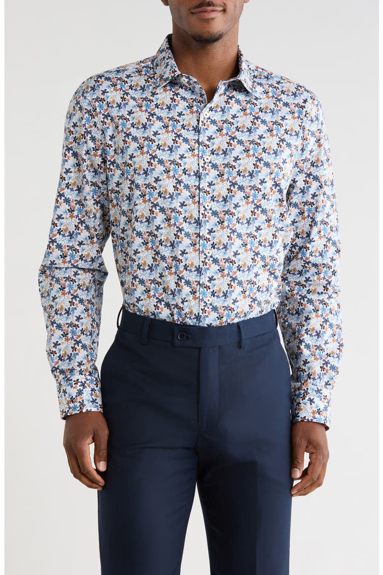 Julian Comfort Stretch Floral Button-Up Shirt, Main, color, TAN