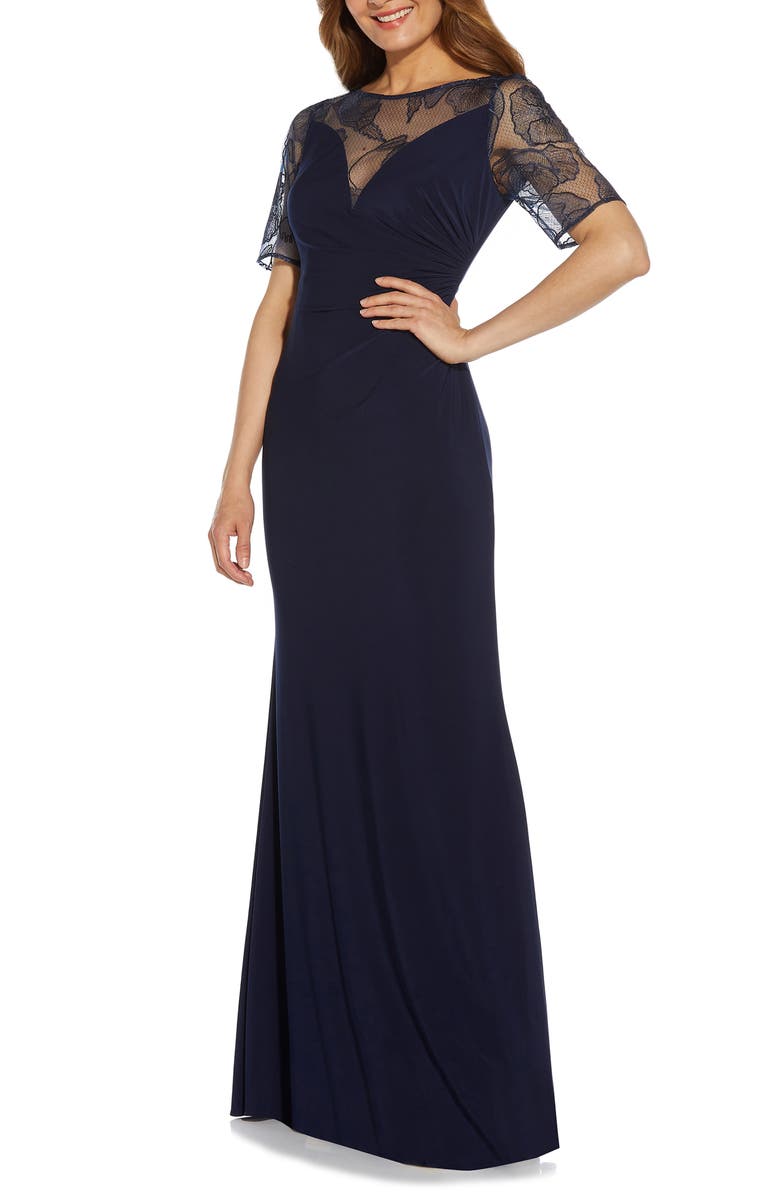 Adrianna Papell Embroidered Illusion Lace Stretch Jersey Mermaid Gown, Alternate, color, 