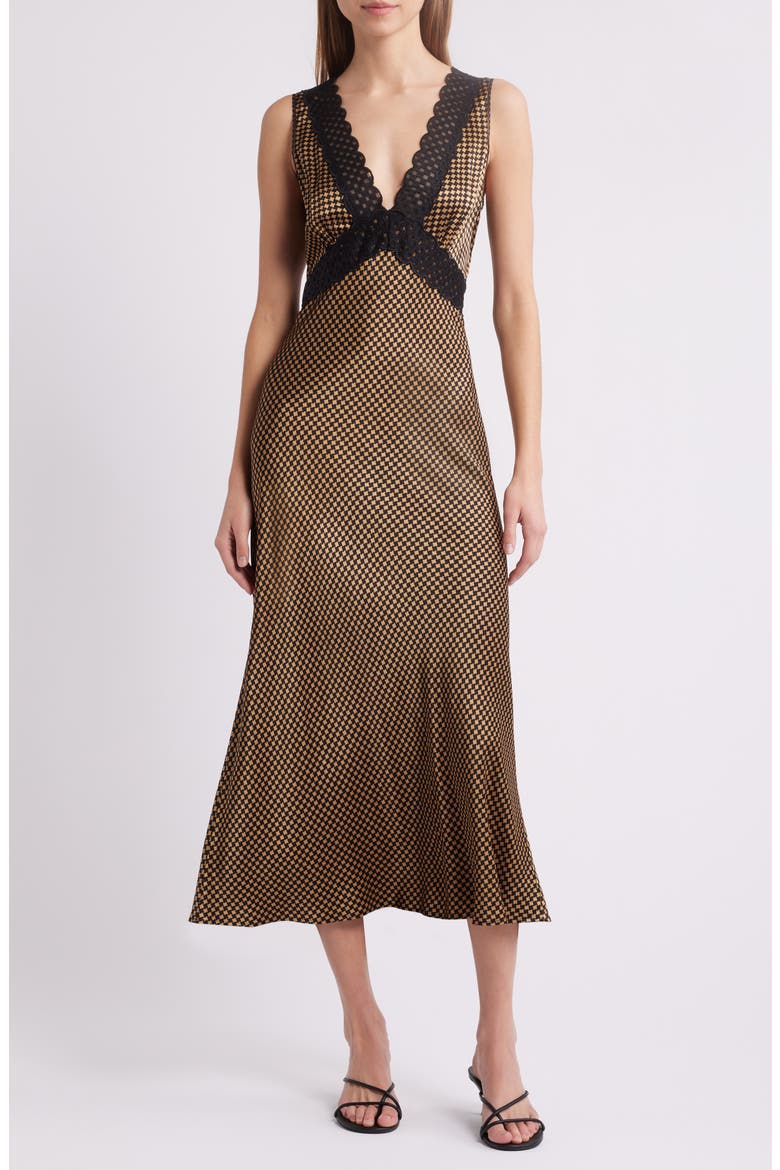 Simona Check Lace Trim Sleeveless Maxi Dress, Main, color, GOLD HOUNDSTOOTH