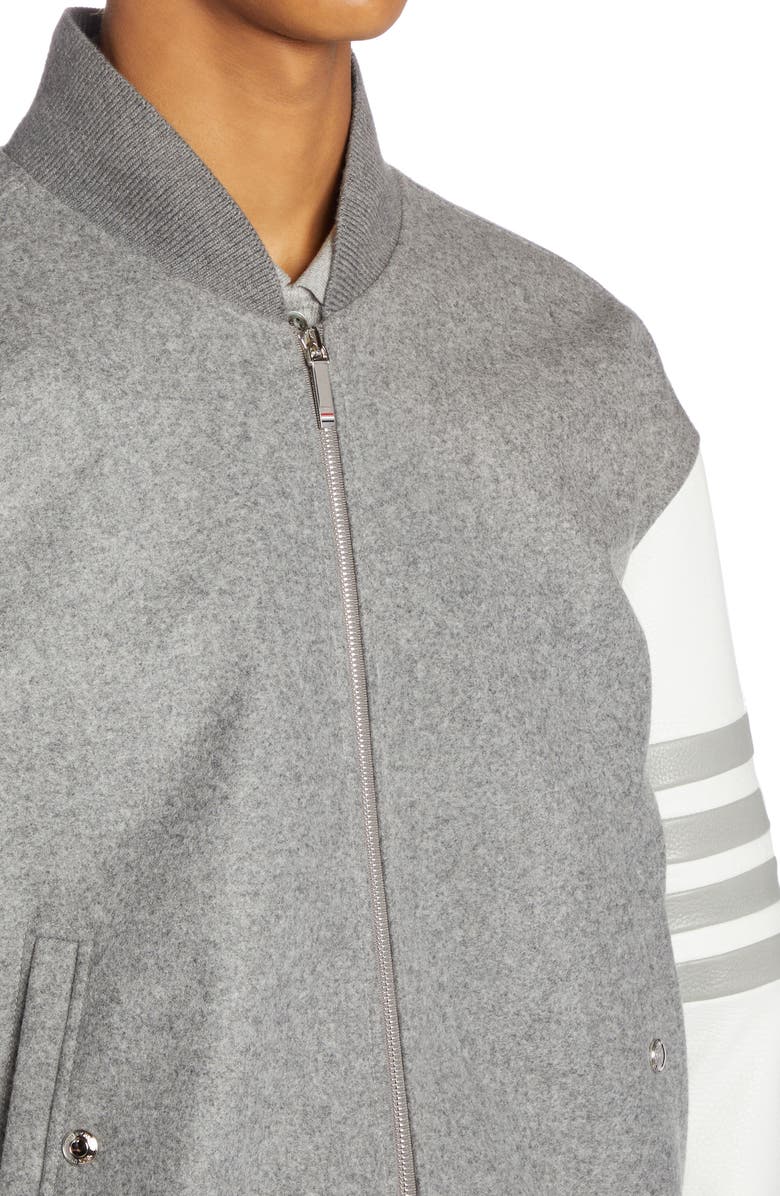 Thom Browne 4-Bar Oversize Wool & Leather Bomber Jacket, Alternate, color, 