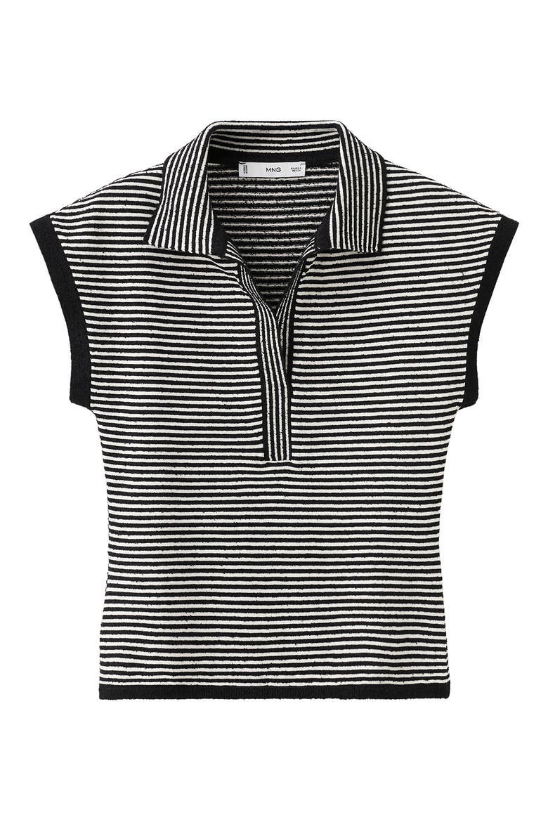 Stripe Cap Sleeve Crop Sweater Polo, Alternate, color, BLACK