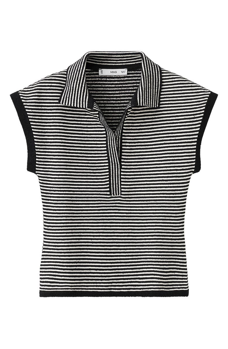 MANGO Stripe Cap Sleeve Crop Sweater Polo, Alternate, color, Black