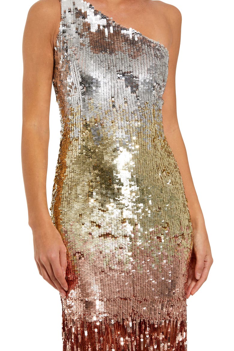 Ombre Sequin Fringe Mesh One Shoulder Gown, Alternate, color, Gold Silver Ombre