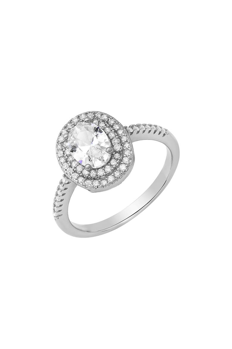 18K White Gold Plated Oval Simulated Diamond Double Halo Ring, Alternate, color, SILVER