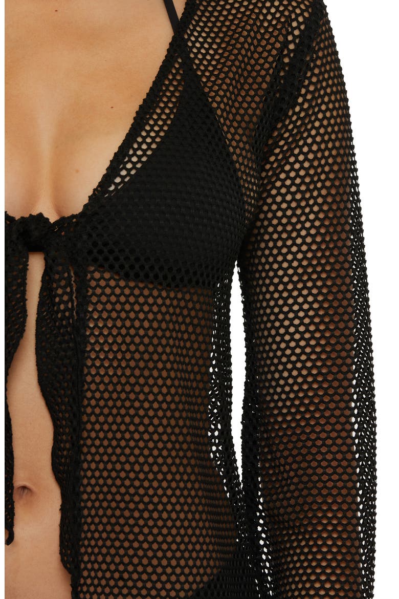 Tie Front Long Sleeve Sheer Mesh Cover-Up, Alternate, color, BLACK