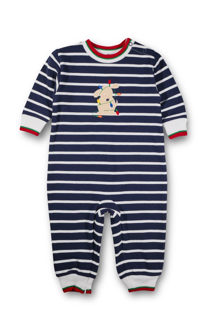 Stripe Knit Longall With Holiday Lights Dog, Main, color, Navy, Red, Green, White