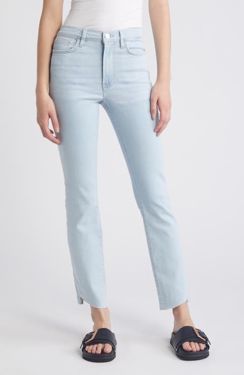 Le High Waist Cascade Hem Ankle Straight Leg Jeans (Clarity)
