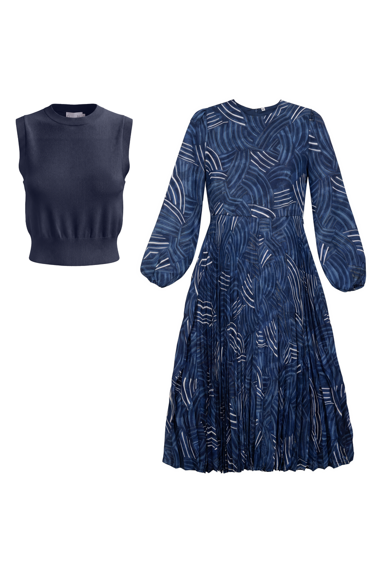 Midi Printed Pleated Chiffon Textured Knit Vest Set, Main, color, Midnight